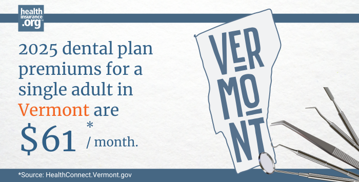 Infographic with the text 2025 dental plan premiums for a single adult in Vermont are $61 per month.