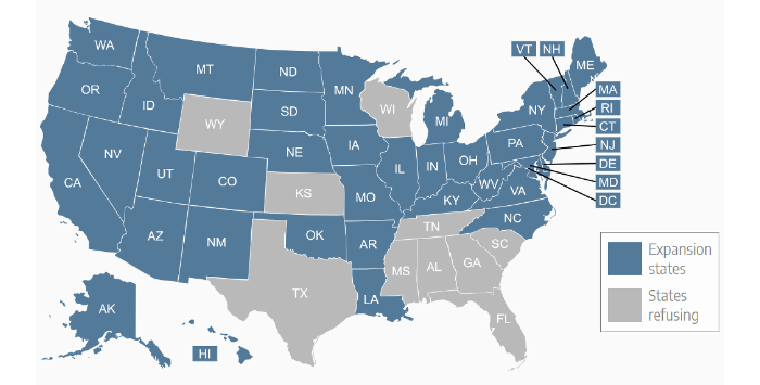 Infographic map of states that have expanded Medicaid, and the states that have not expanded Medicaid.